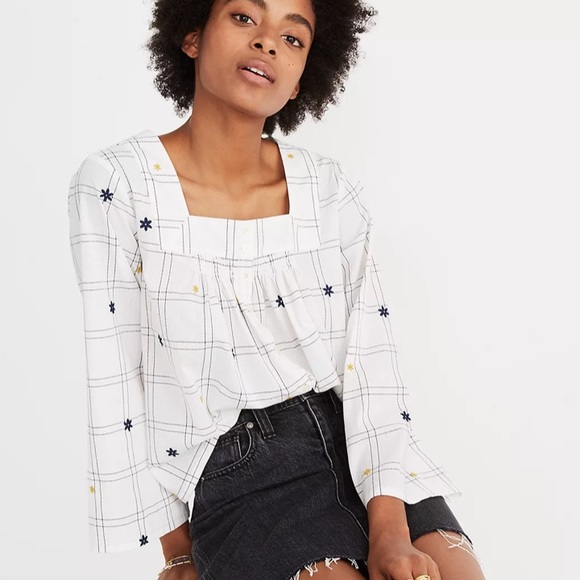 Madewell Tunic Embroidered Windowpane Square Neck Button Down Top XXS Cotton - Picture 1 of 7